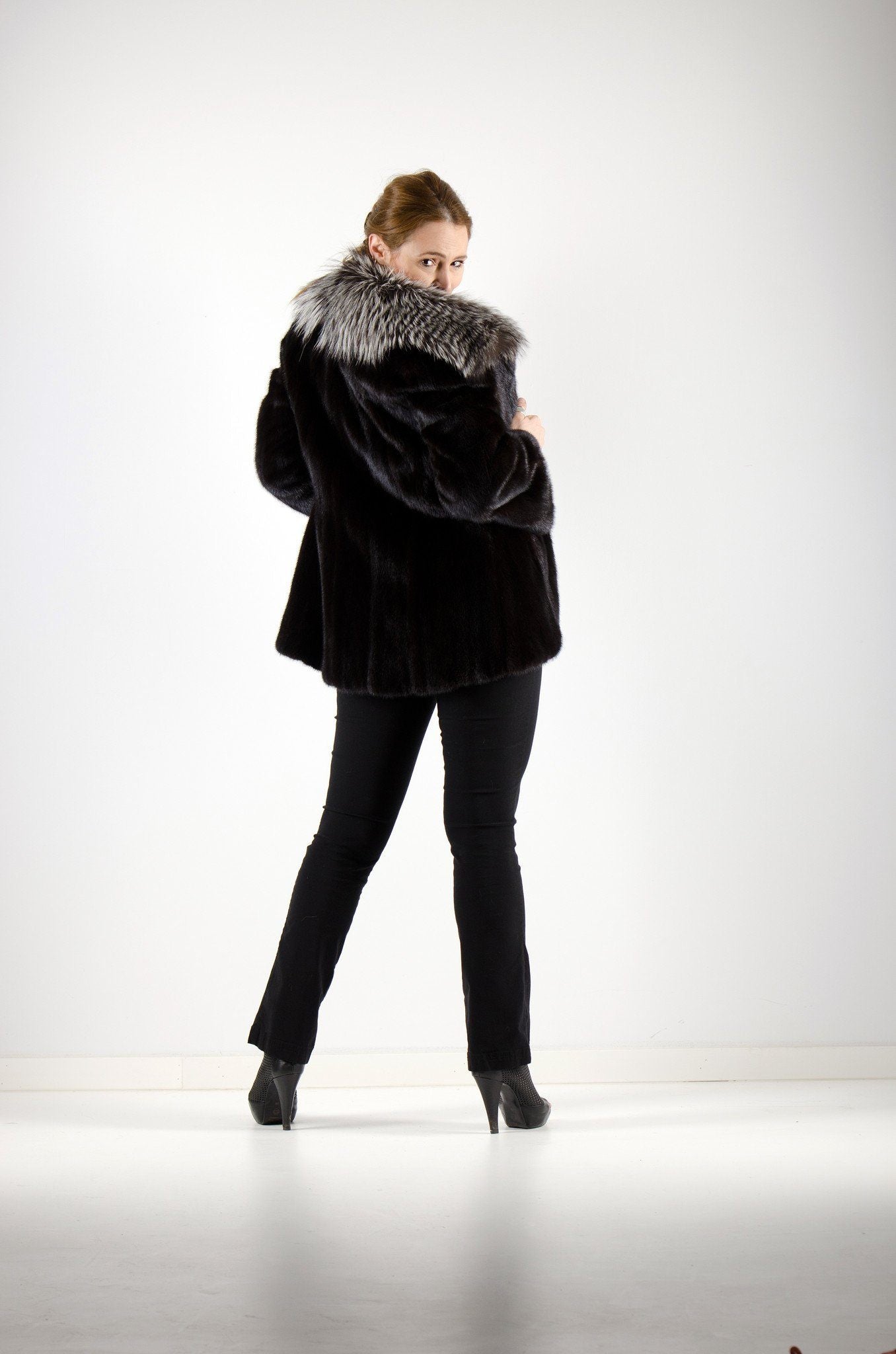 21 | Black Mink Fur Jacket With Silver Fox Trim Jackets Starlight Furs