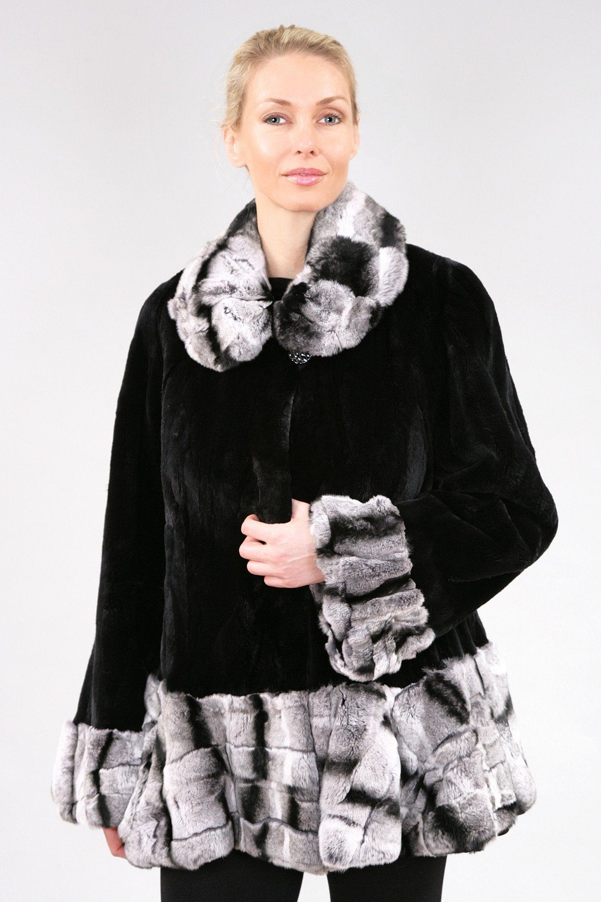 Black Beaver With Chinchilla Rex Rabbit Coat - Main Image