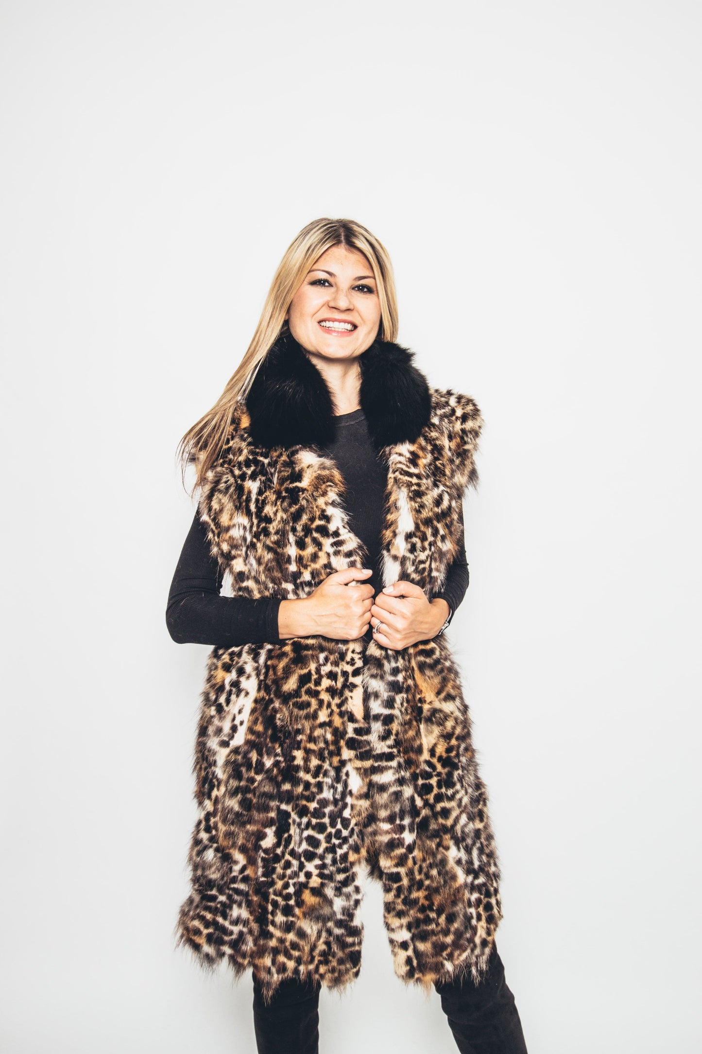 44 | Long Tunic Vest Coyote Patchwork Print Vests Starlight Furs