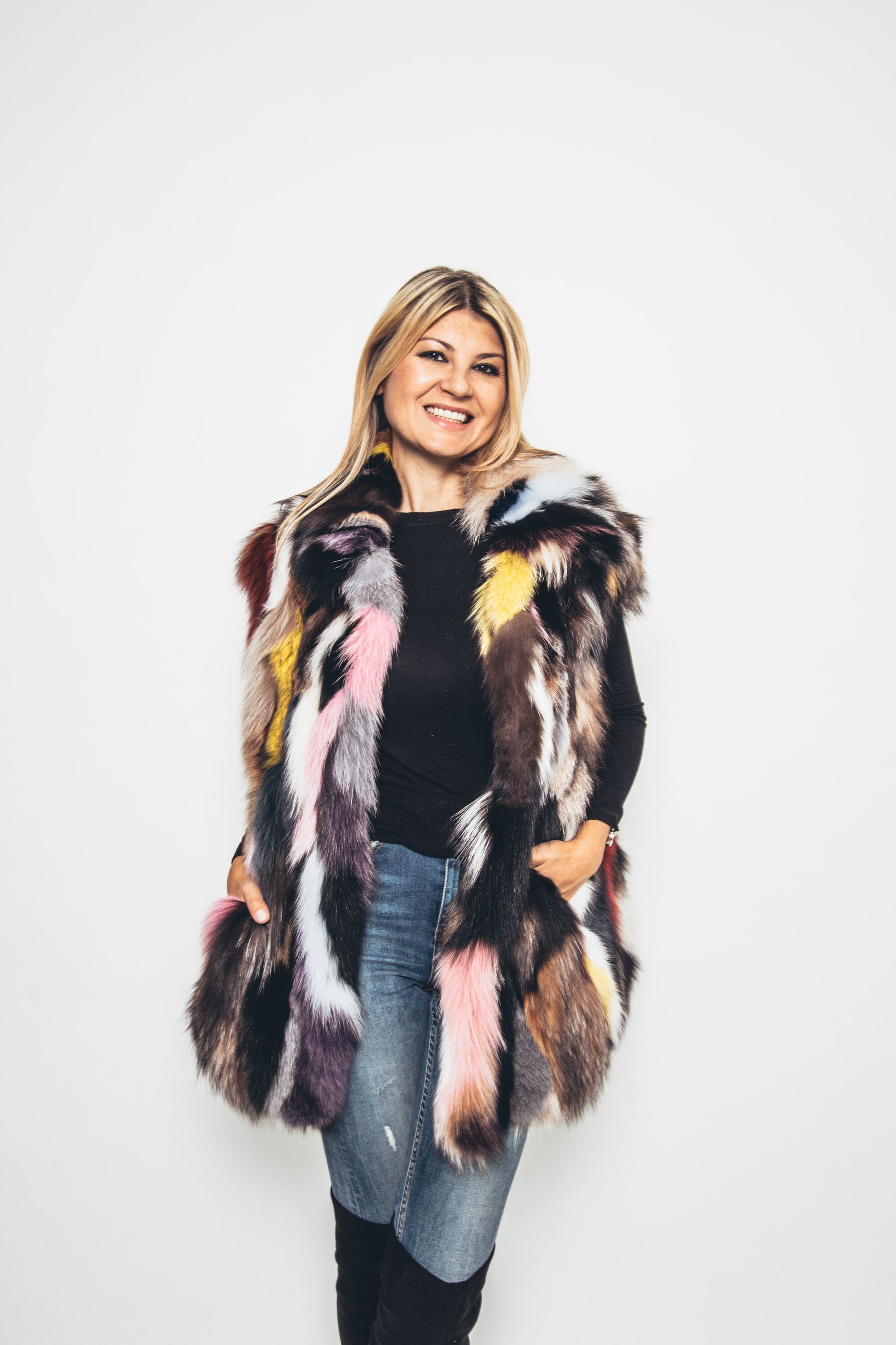 66 | Patchwork Multi Tones Fox Long Vest Vests Starlight Furs