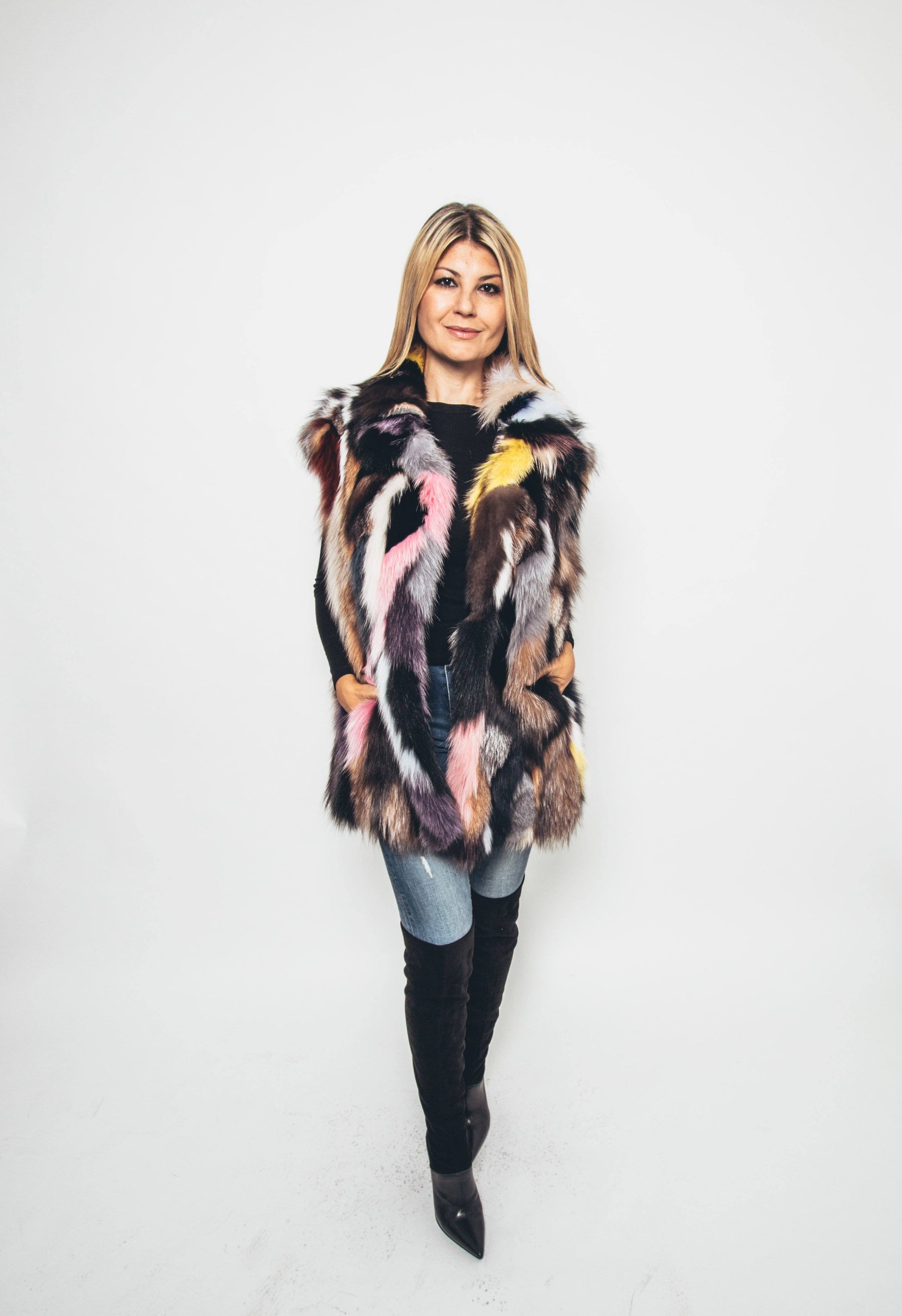 66 | Patchwork Multi Tones Fox Long Vest Vests Starlight Furs