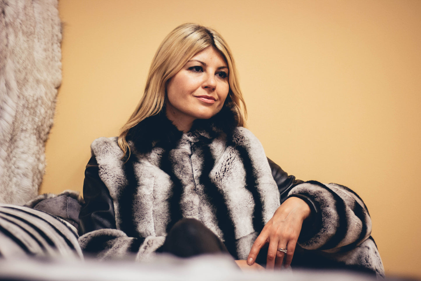 69 | Rex Rabbit Chinchilla Fur Crop Jacket With Leather Jackets Starlight Furs