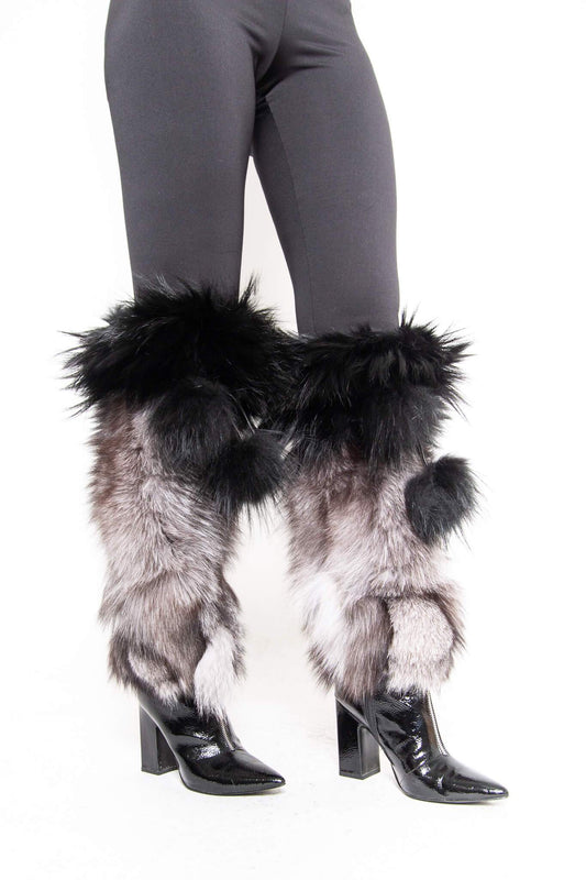 Fox Fur Boot Covers With Pom Pom Accessories Starlight Furs Silver Fox Fur with Black Fox Fur Trim 14" 