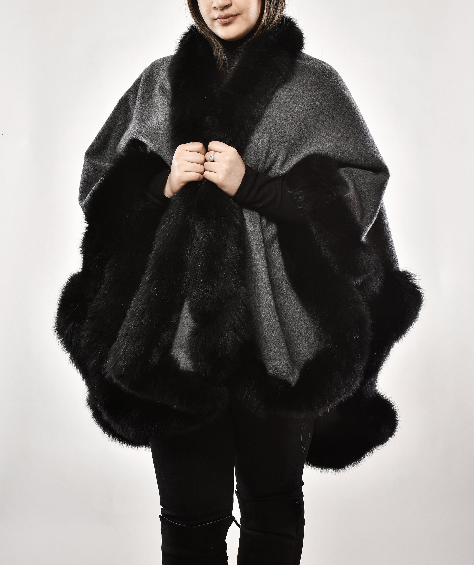 Grey Alpaca Cape with Fox Trim Capes Starlight Furs