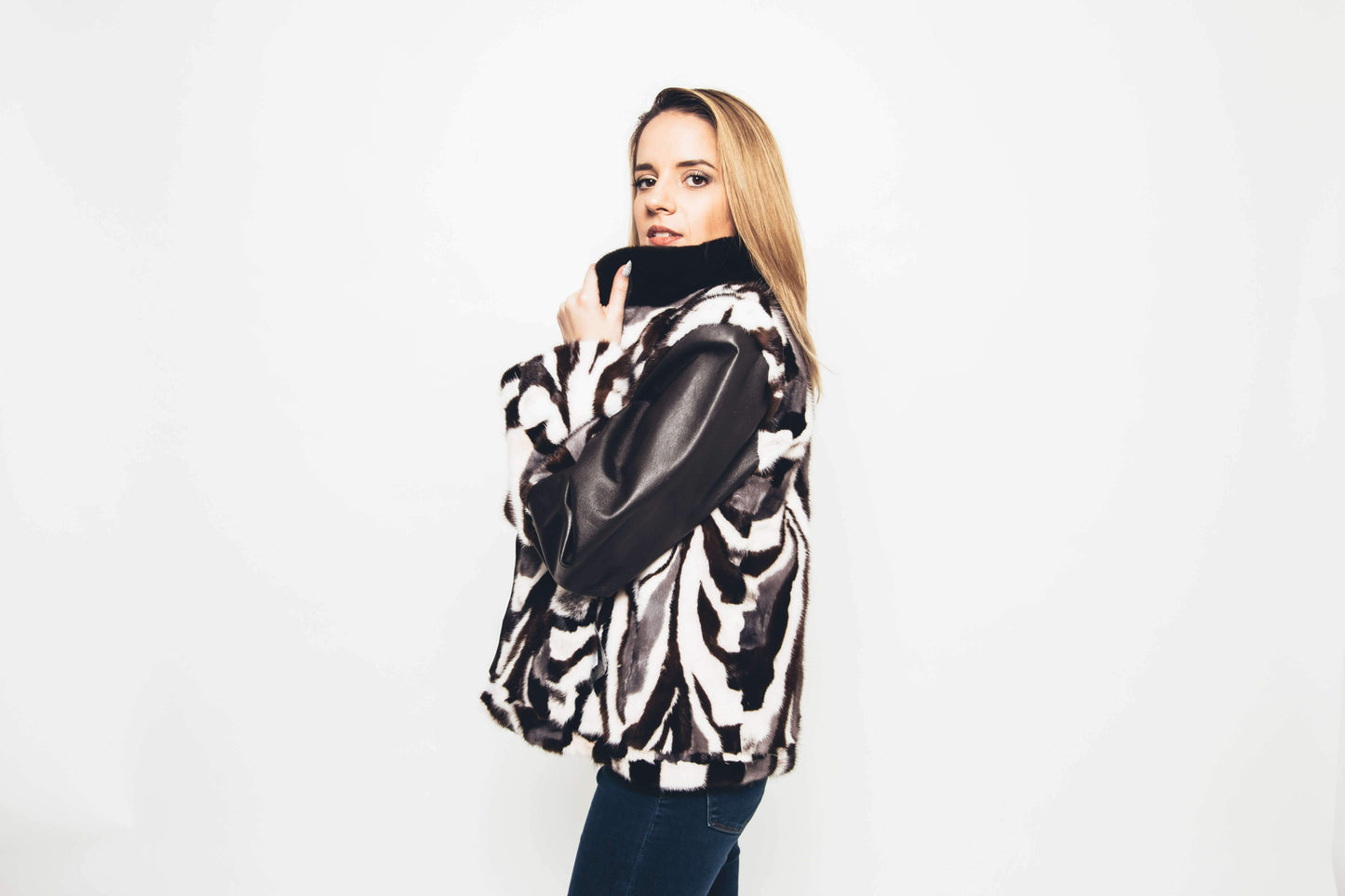 Mink Multi-tones Patchwork Jacket With Leather Sleeves Jackets Starlight Furs