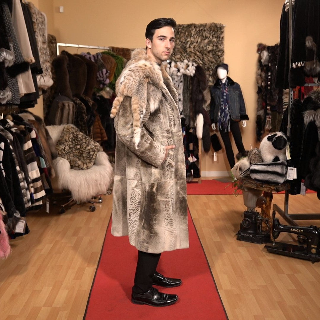 Viking Style Long Coat Nutria with Lynx Collar Starlight Furs