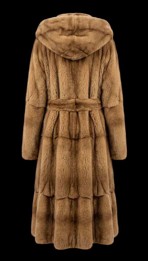 A brown fur coat with a hood and waist tie, shown from the back on a checkered background.
