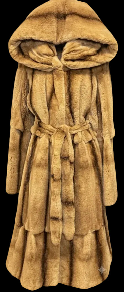 A long tan fur coat with a hood and tie belt, shown against a transparent checkerboard background.