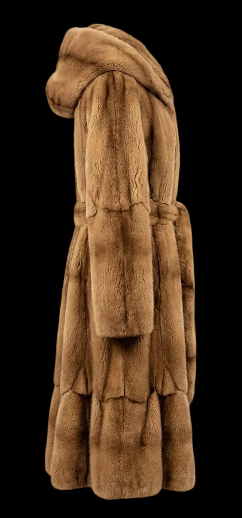 A long brown fur coat with a hood, shown from the back against a checkered transparency background.