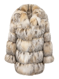 A plush faux fur coat with a shawl collar, featuring a mix of beige, brown, and gray tones, shown on a checkered transparency background.