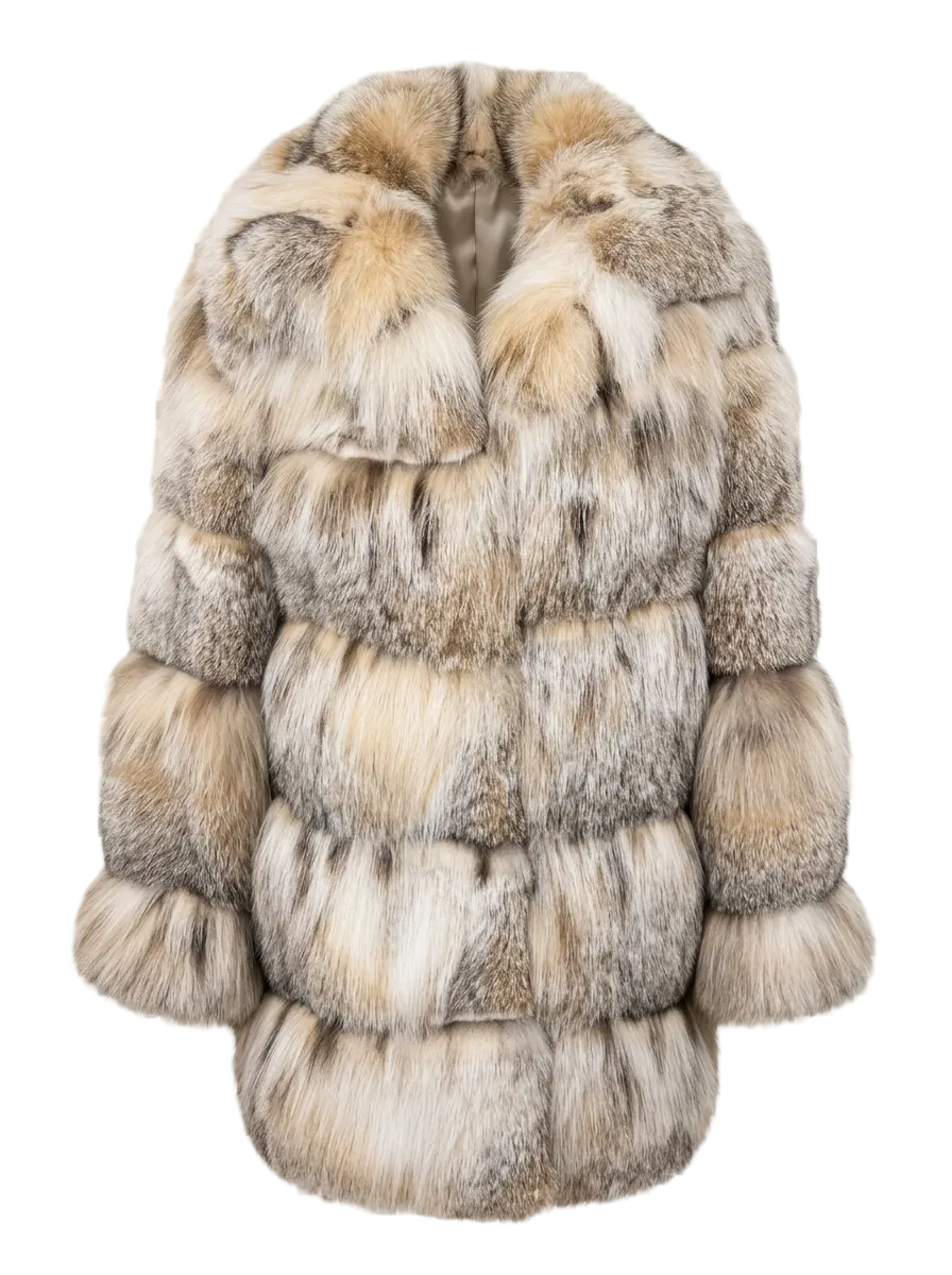 A plush faux fur coat with a shawl collar, featuring a mix of beige, brown, and gray tones, shown on a checkered transparency background.