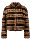A cropped faux fur jacket with horizontal brown and black stripes, featuring a high collar and front zipper, shown on a checkered background.