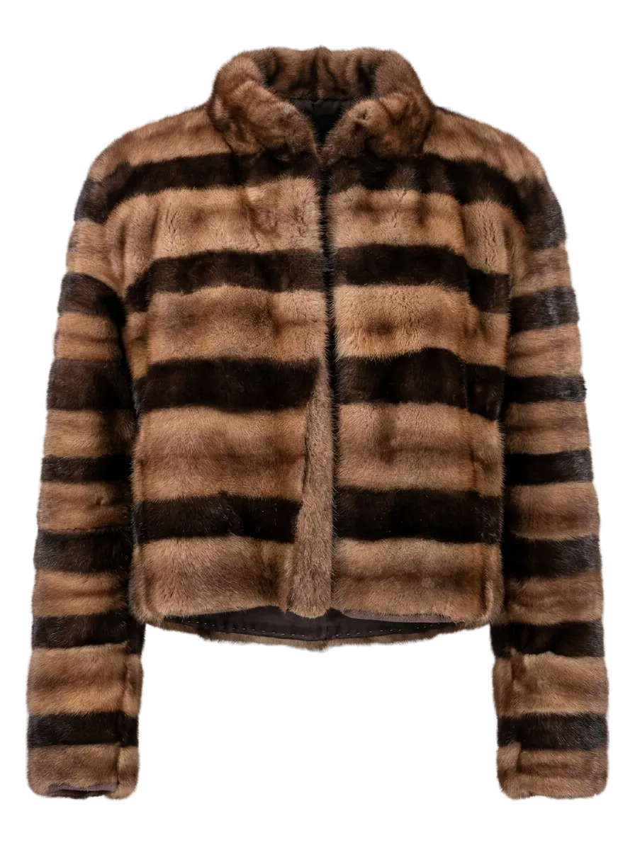 A cropped faux fur jacket with horizontal brown and black stripes, featuring a high collar and front zipper, shown on a checkered background.