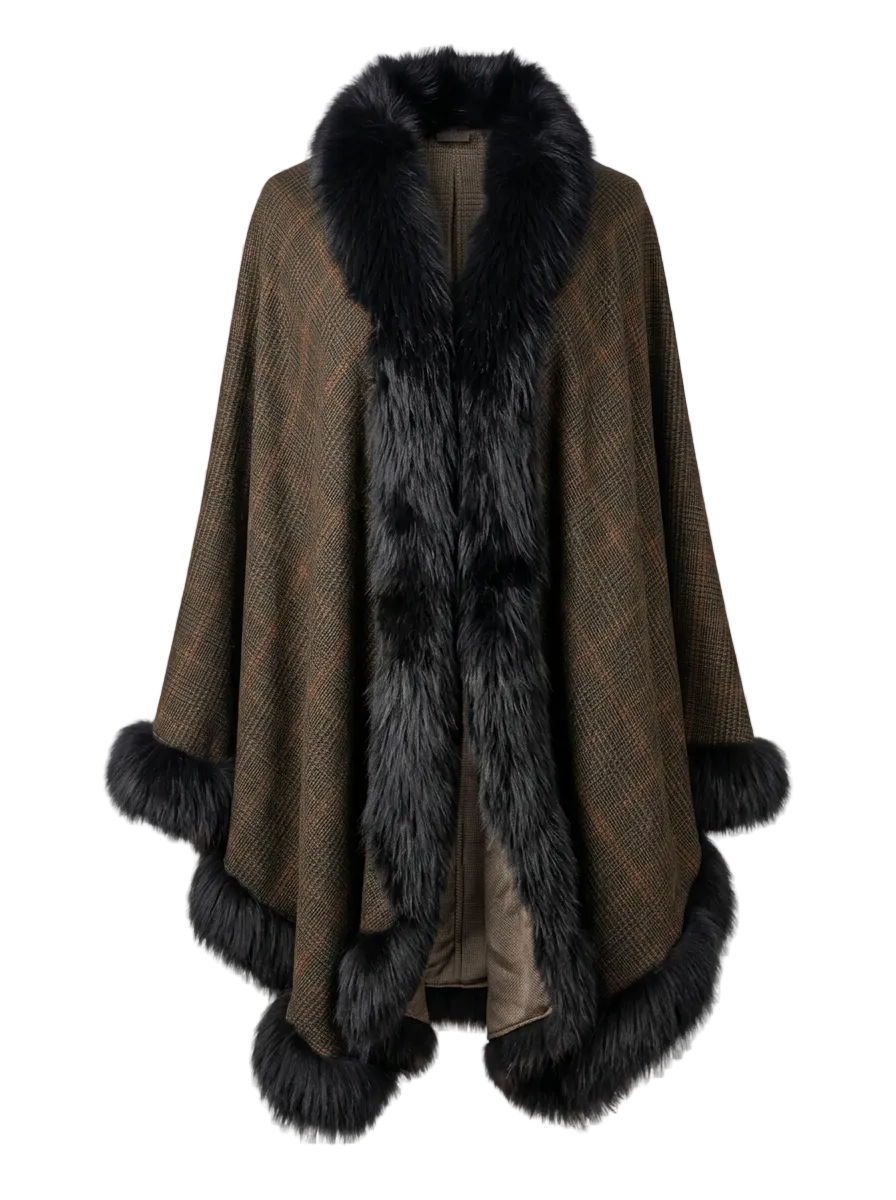 A brown herringbone-patterned cape coat with a large black faux fur collar, front trim, and hem, shown on a checkered transparency background.