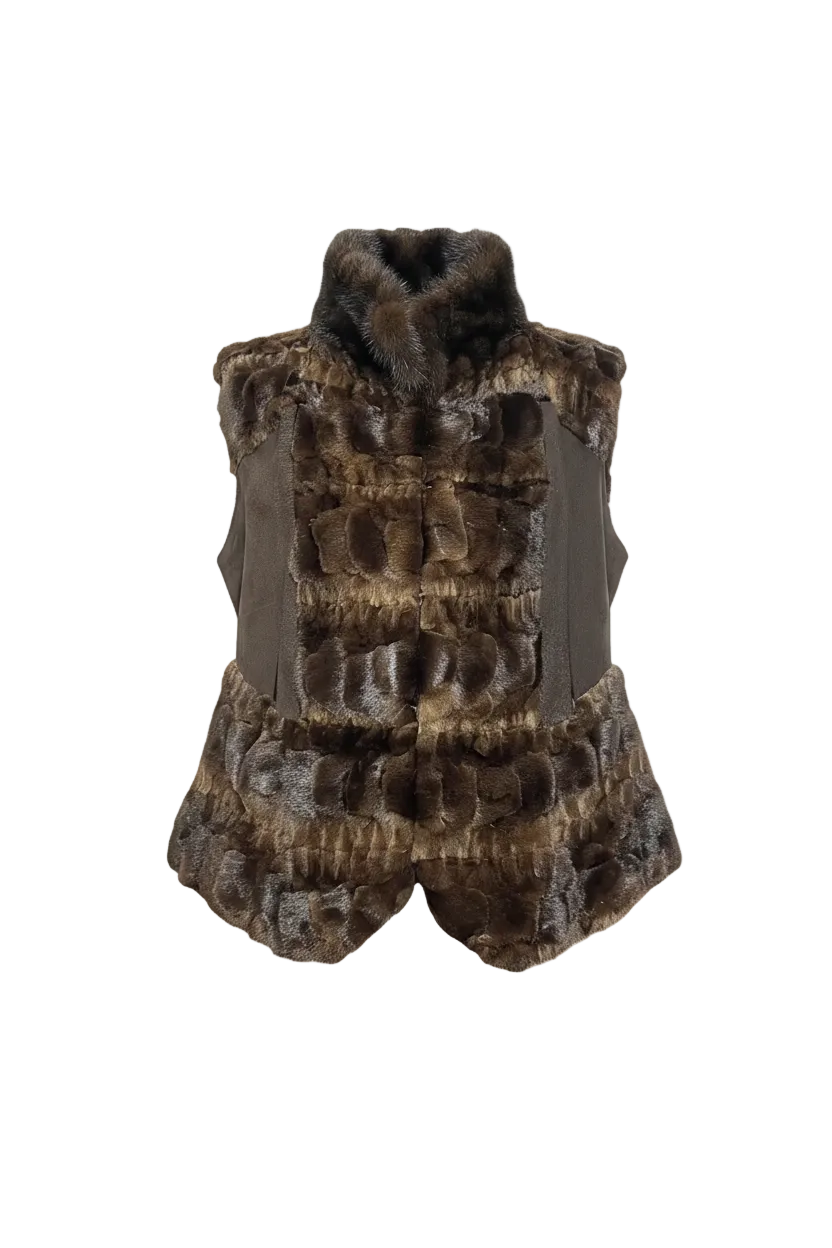 A brown and black textured faux-fur vest with a high collar, displayed against a solid white background.