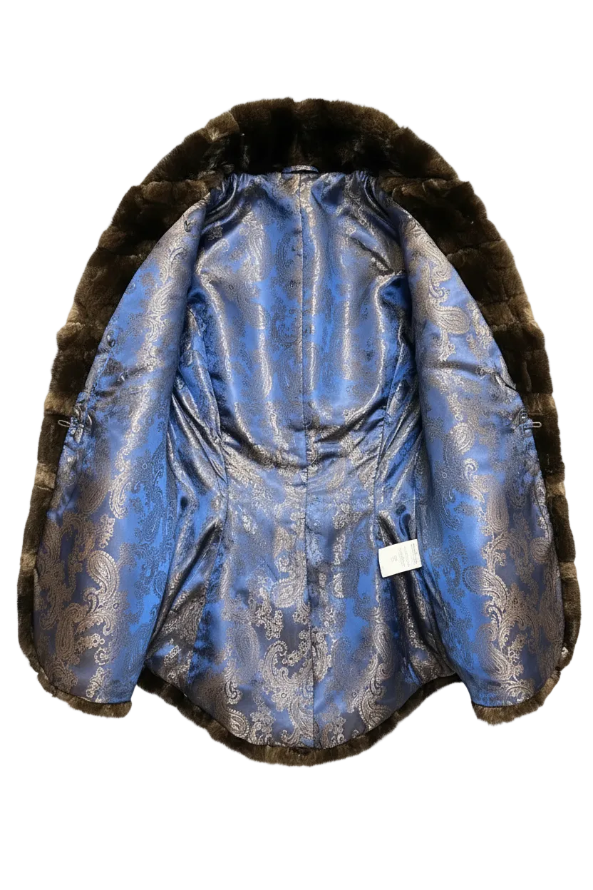 A blue patterned satin jacket with a dark brown fur collar, laid flat against a white background.