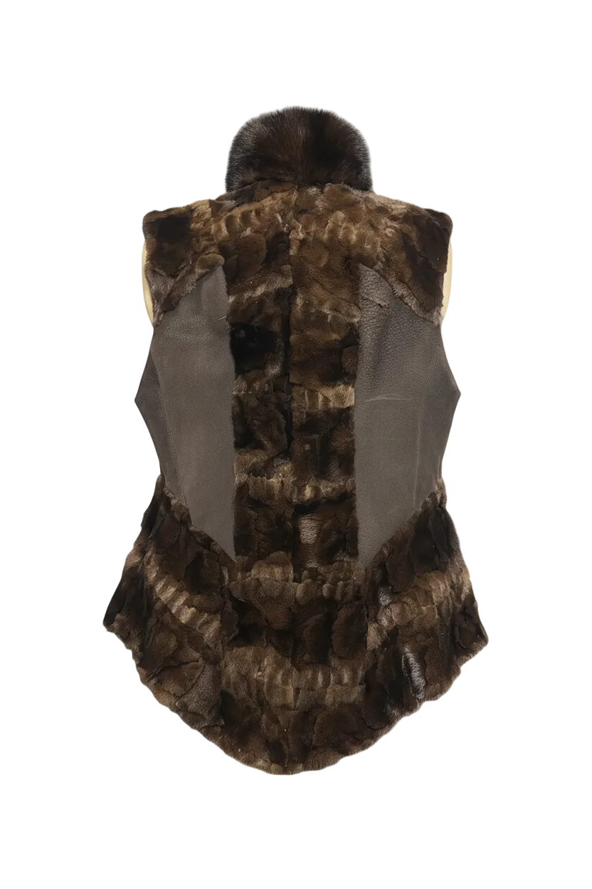A brown fur vest with textured horizontal fur panels and smooth dark brown leather side panels, shown from the back on a white background.