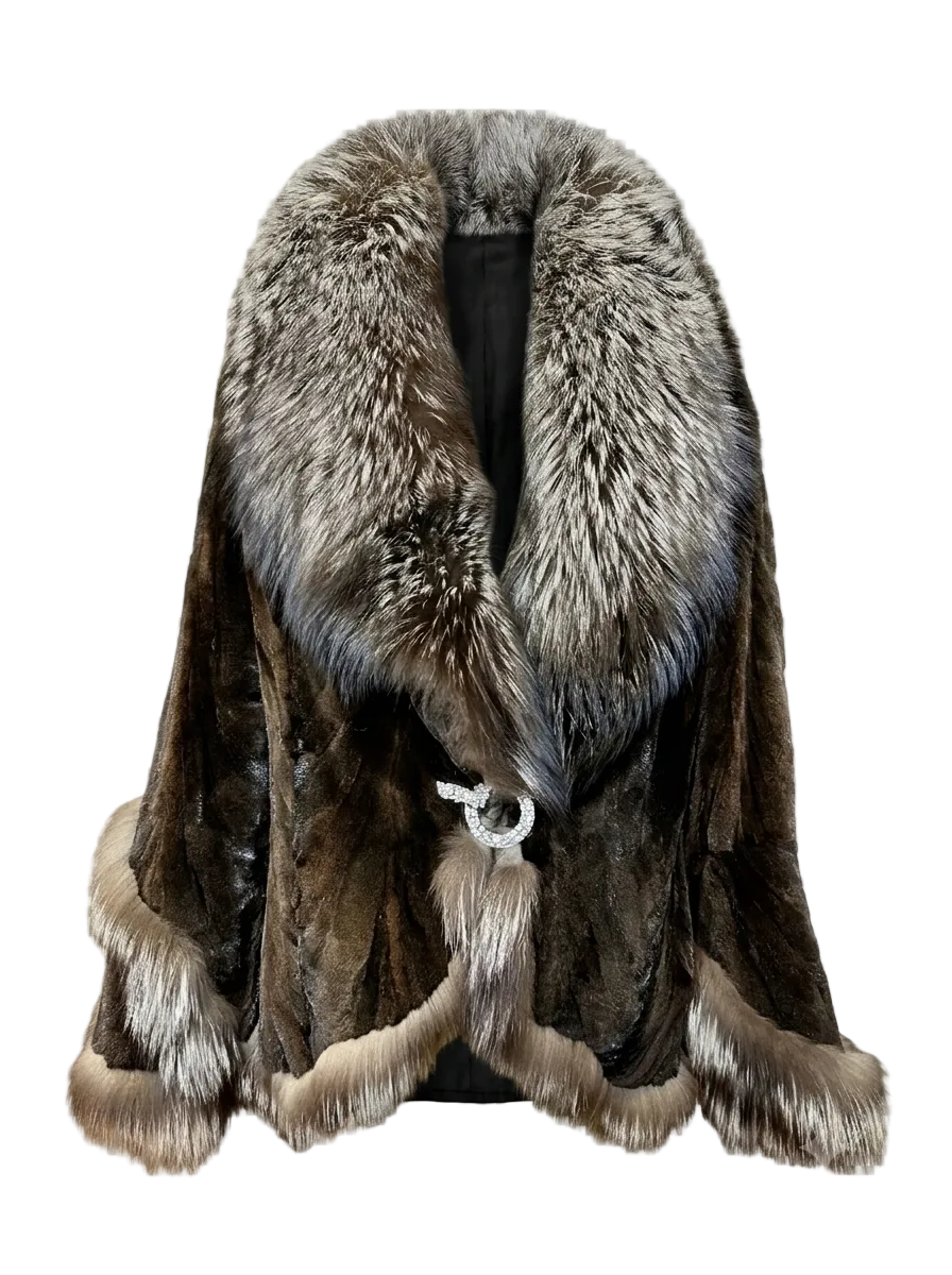 A dark brown fur coat with a large gray and white fox fur collar and matching trim, featuring a white toggle closure, shown on a checkered transparency background.