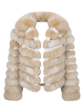 A beige and white striped fur jacket with a large fluffy collar, shown against a transparent checkered background.