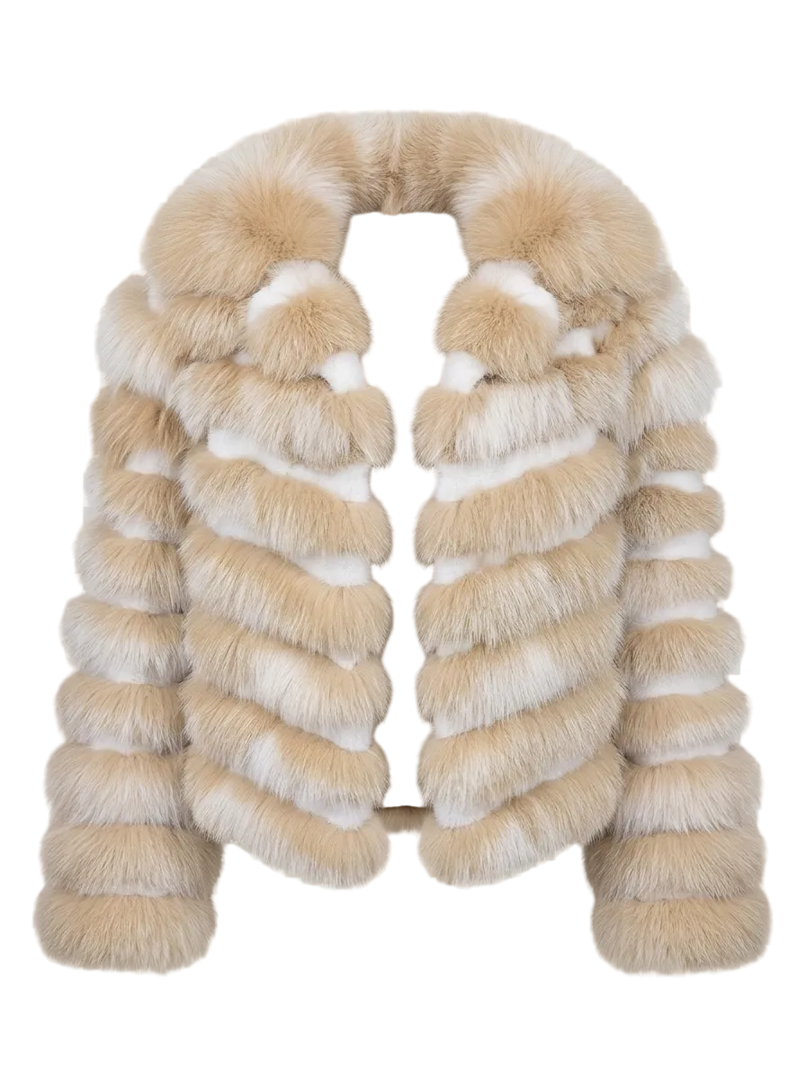 A beige and white striped fur jacket with a large fluffy collar, shown against a transparent checkered background.