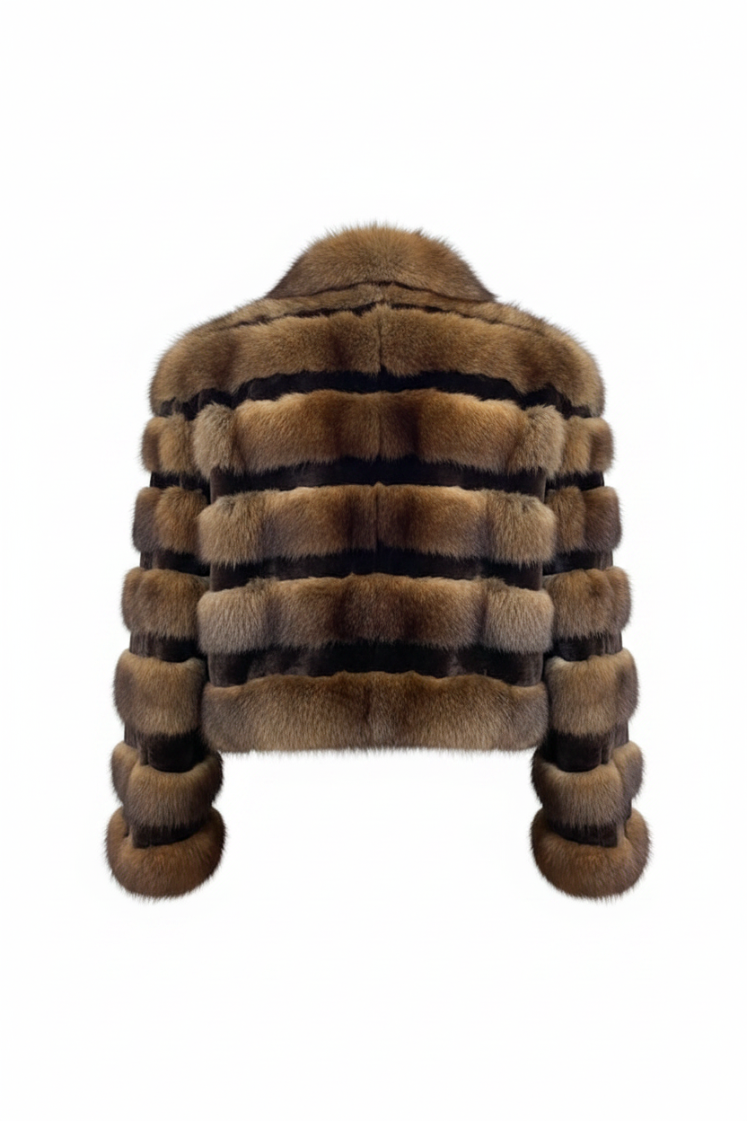 A cropped striped fur jacket shown from the back, featuring alternating horizontal bands of dark brown and warm tan-brown on a plain white background.