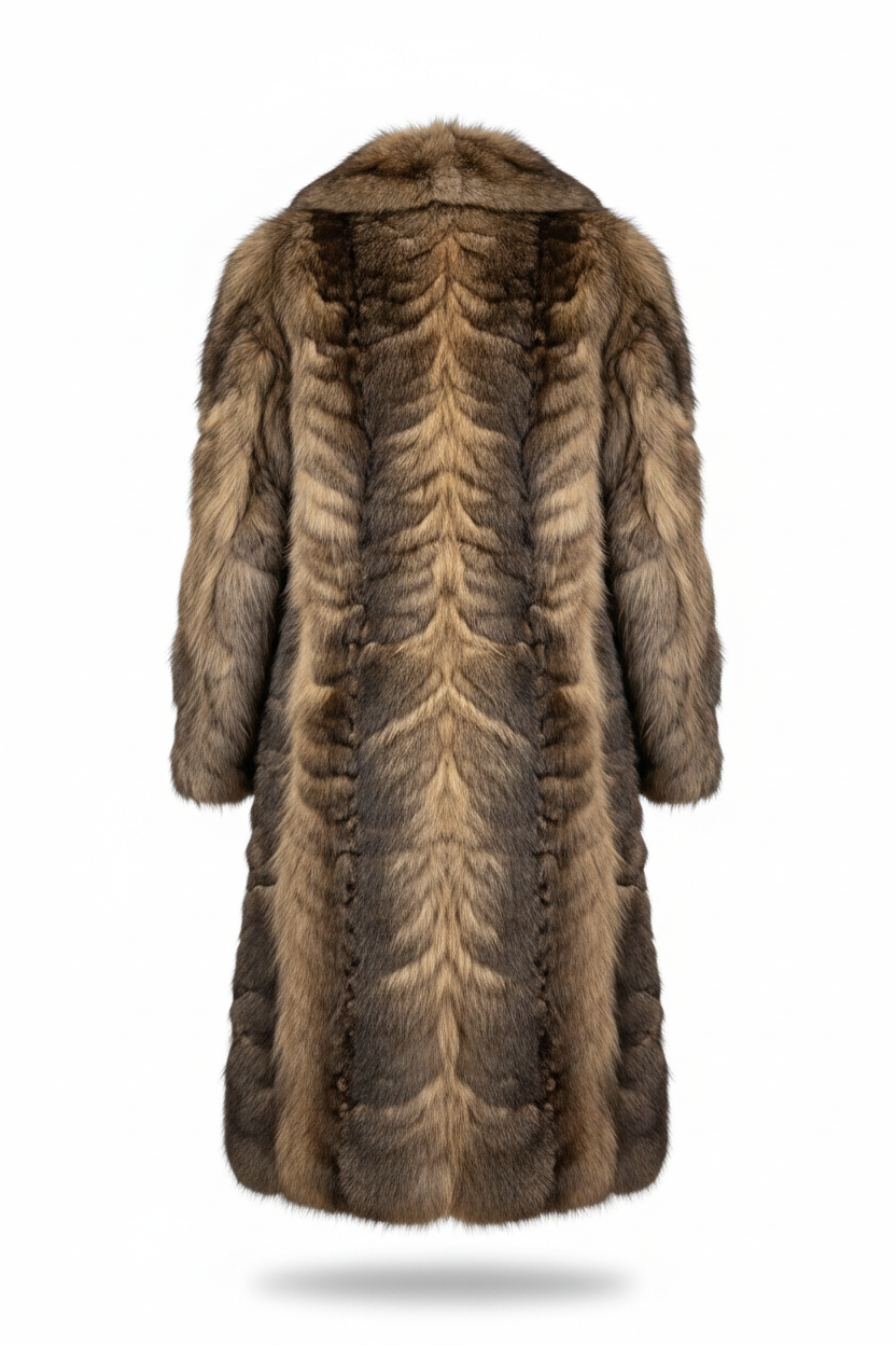 A long fur coat shown from the back, featuring a rich chevron pattern in shades of brown, beige, and gray, isolated on a white background with a soft shadow underneath.