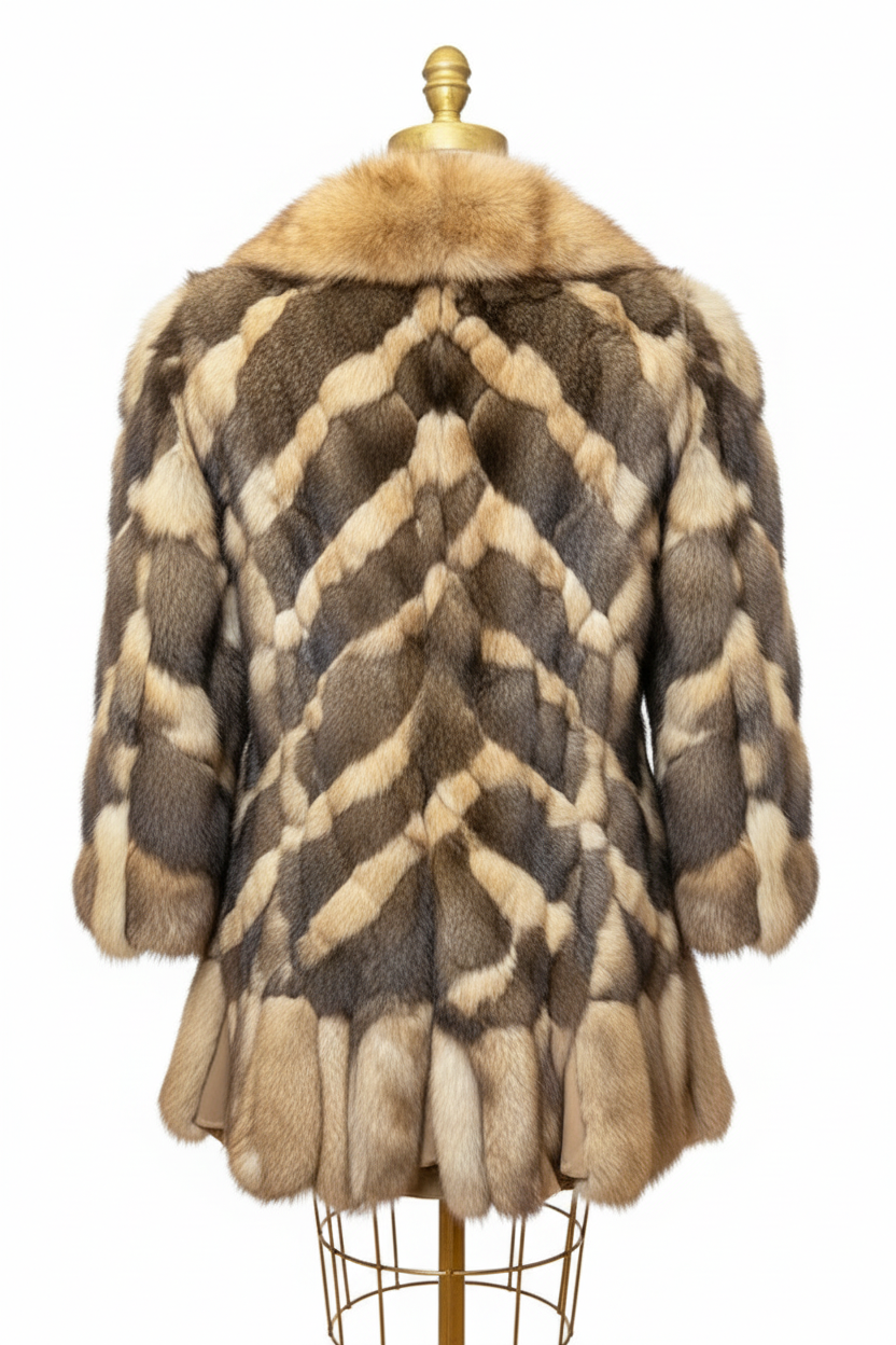 A patterned fur coat displayed on a mannequin, featuring a chevron design in shades of brown, beige, and gray with a tan fur collar, shot against a plain white background.