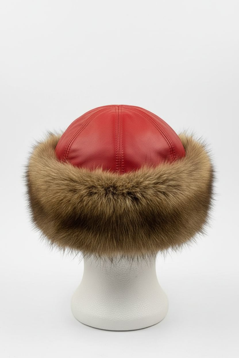 Beaver Fur Russian Hat with Red Leather Top Hats Starlight Furs 