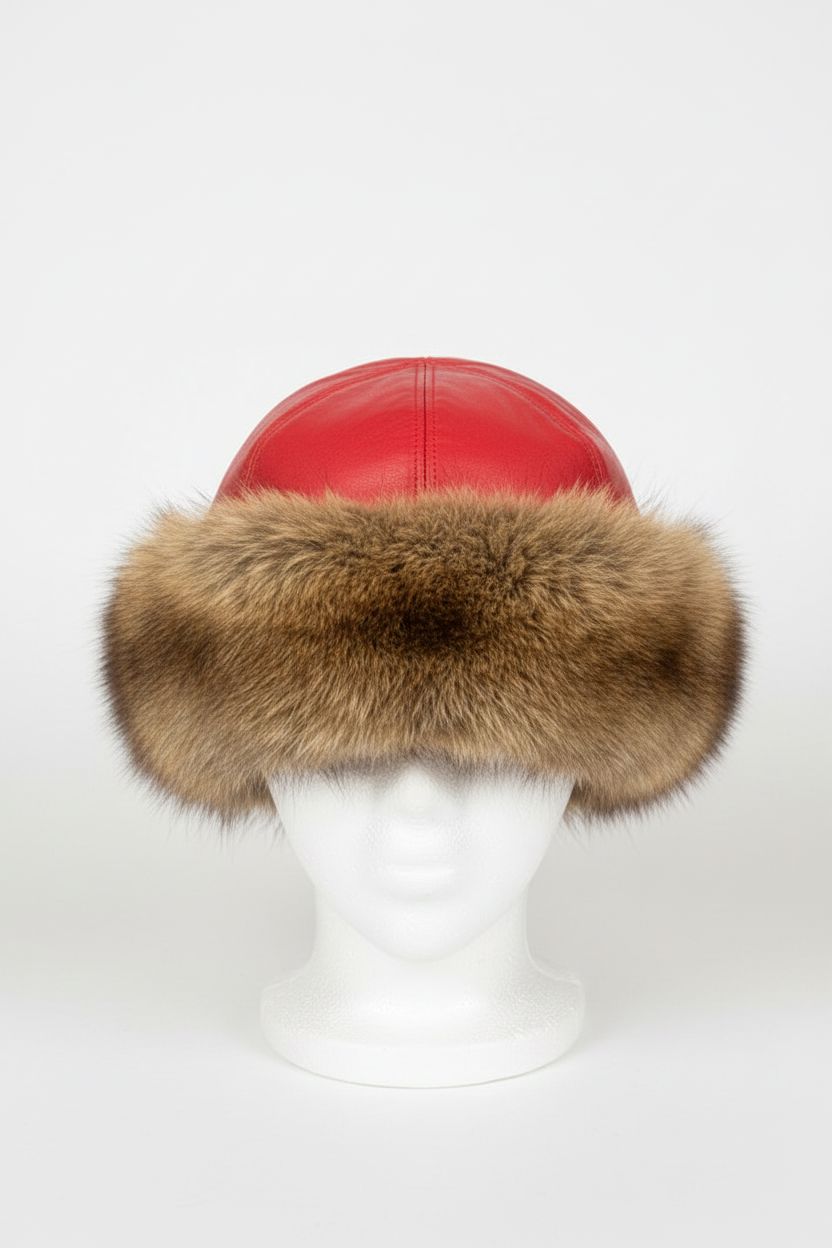 Beaver Fur Russian Hat with Red Leather Top Hats Starlight Furs 