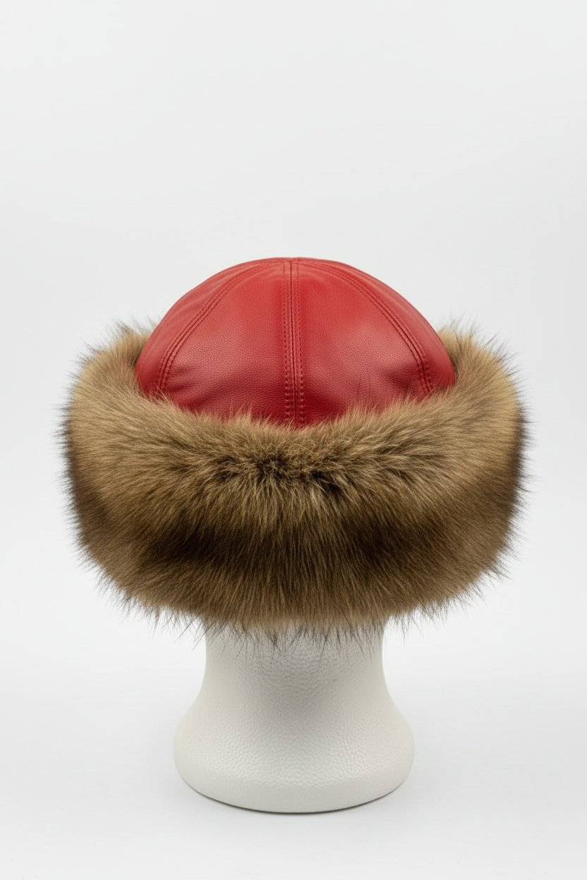 A red leather-like fur hat with a wide brown fur trim, displayed on a white mannequin head against a light gray studio background.