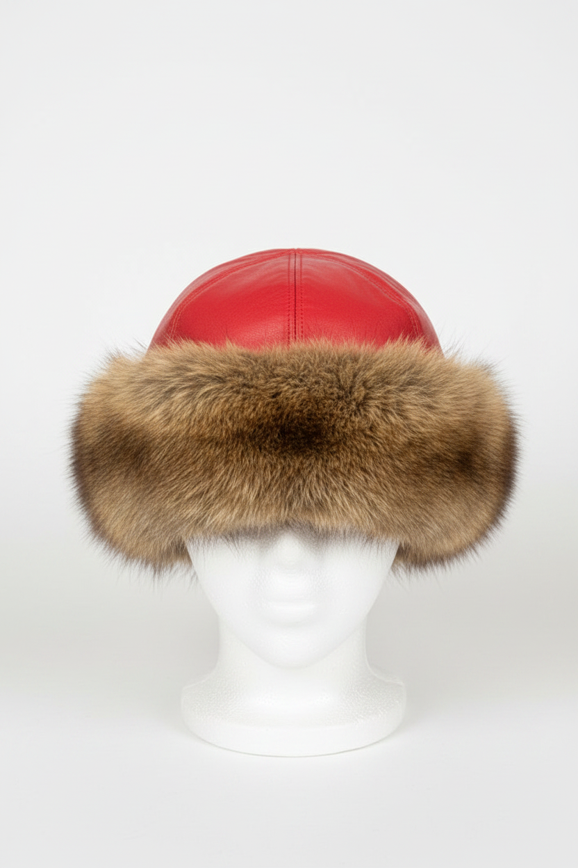 Beaver Fur Russian Hat with Red Leather Top