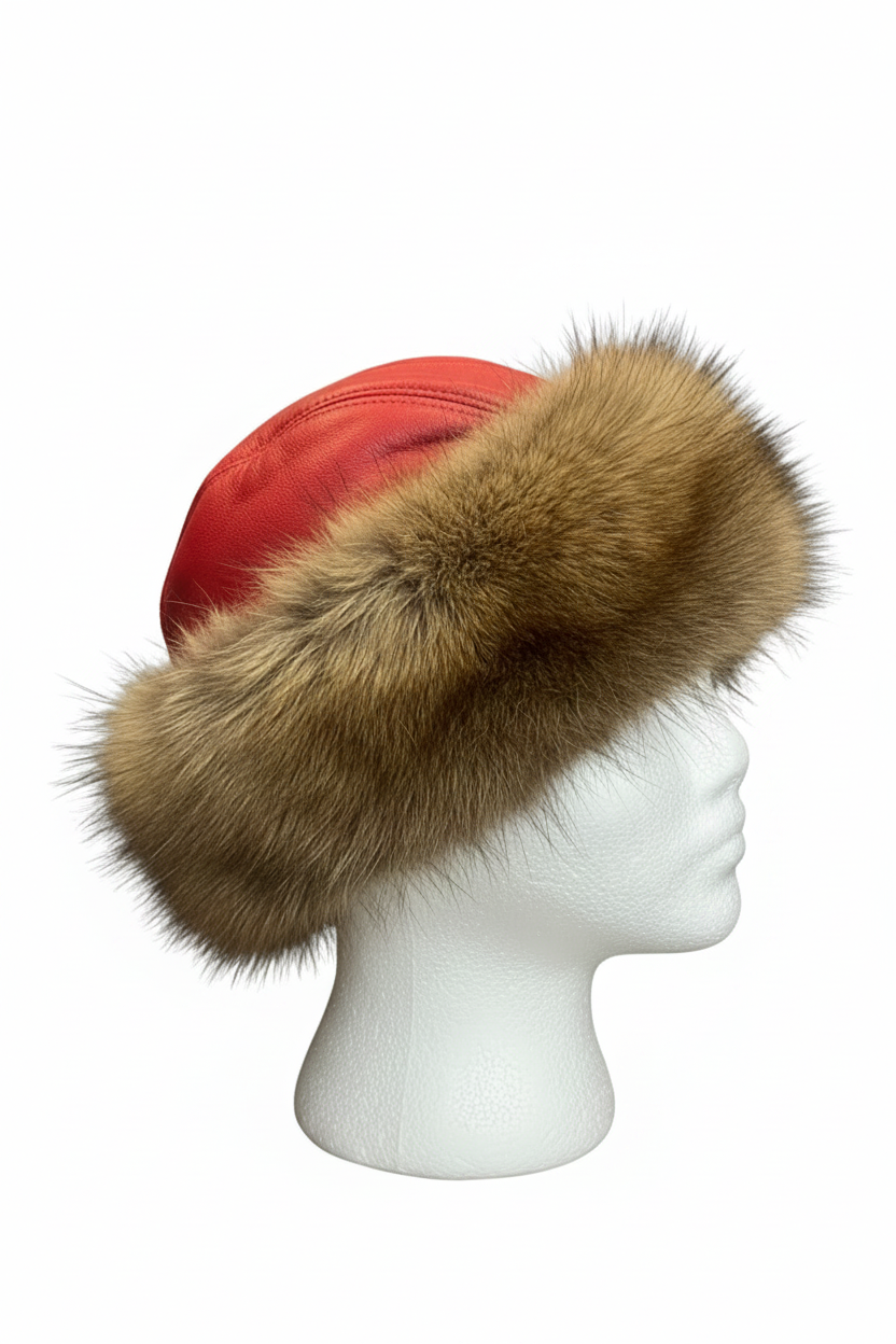 A red leather winter hat with a wide brown fur trim, displayed on a white mannequin head against a plain white background.