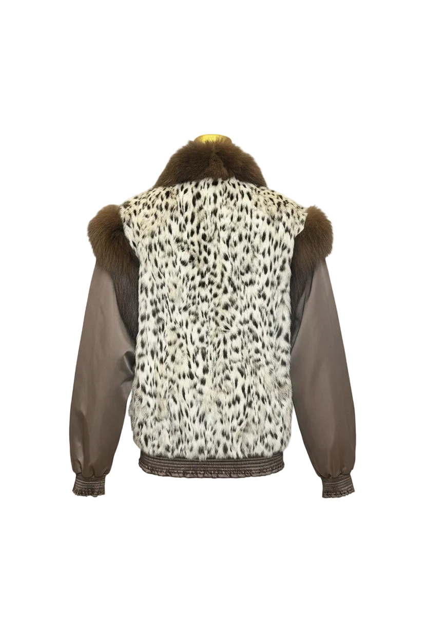 A men's bomber-style jacket shown from the back, featuring a cream and black leopard-print faux fur body, brown faux fur collar and shoulder trim, and brown sleeves.