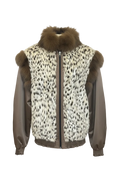 A sleeveless zip-front vest with a cream and black leopard print body, brown faux-fur collar and shoulder accents, and smooth brown sleeves, shown on a transparent checkerboard background.