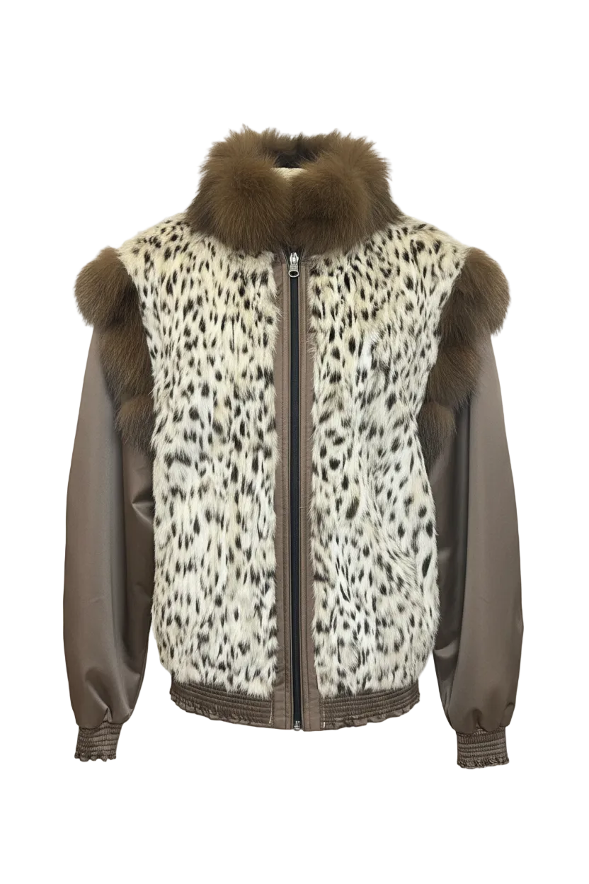 A sleeveless zip-front vest with a cream and black leopard print body, brown faux-fur collar and shoulder accents, and smooth brown sleeves, shown on a transparent checkerboard background.