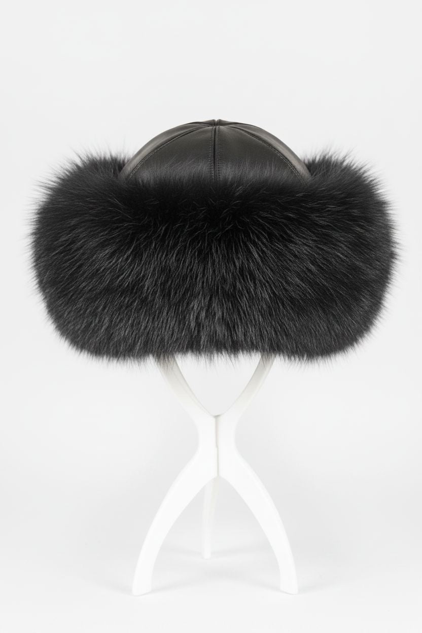 Black Fox Russian Hat with Black Leather Top Hats Starlight Furs 