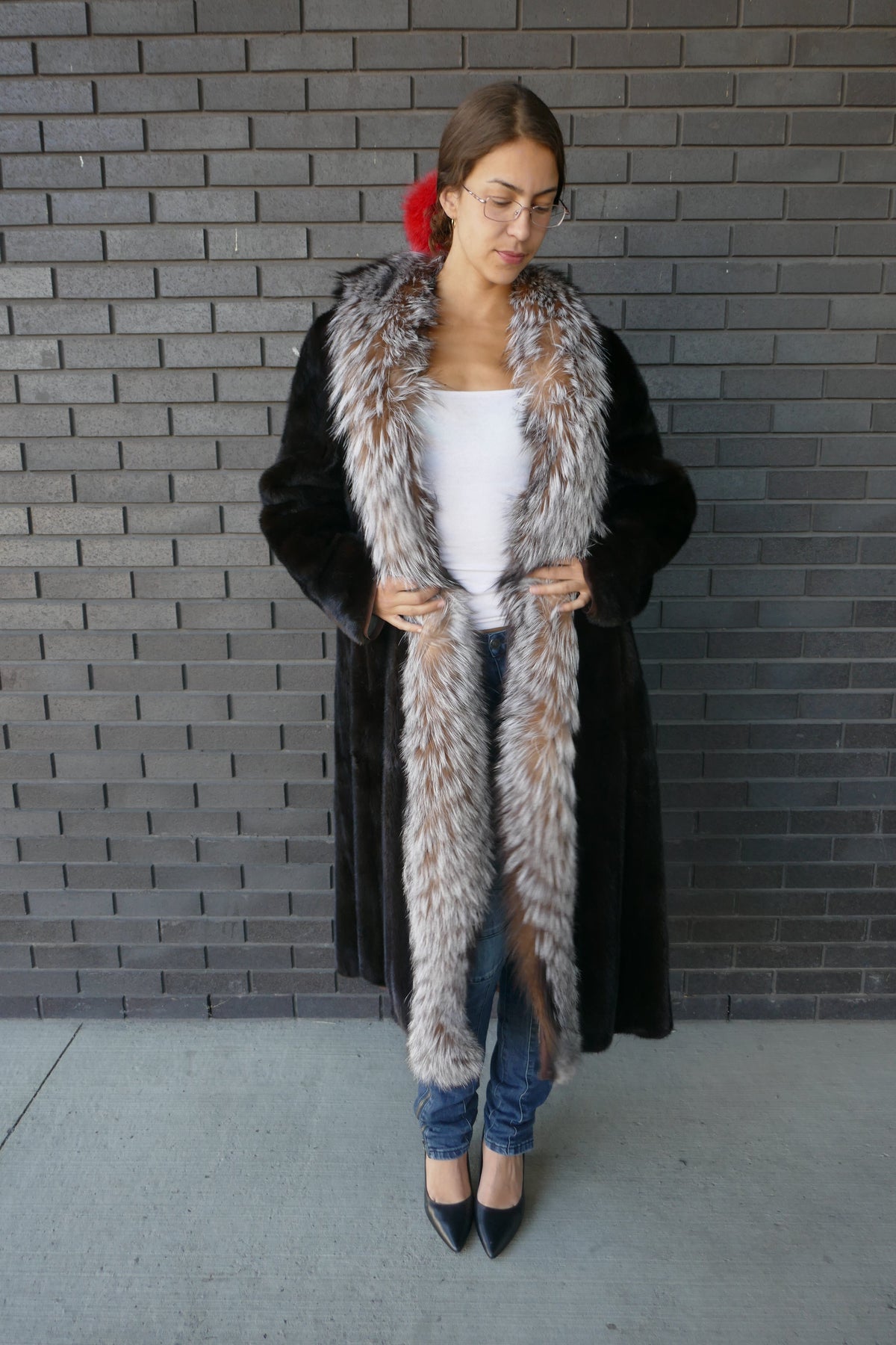Black Mink With Crystal Saga Fox Trim Tuxedo Style Starlight Furs 