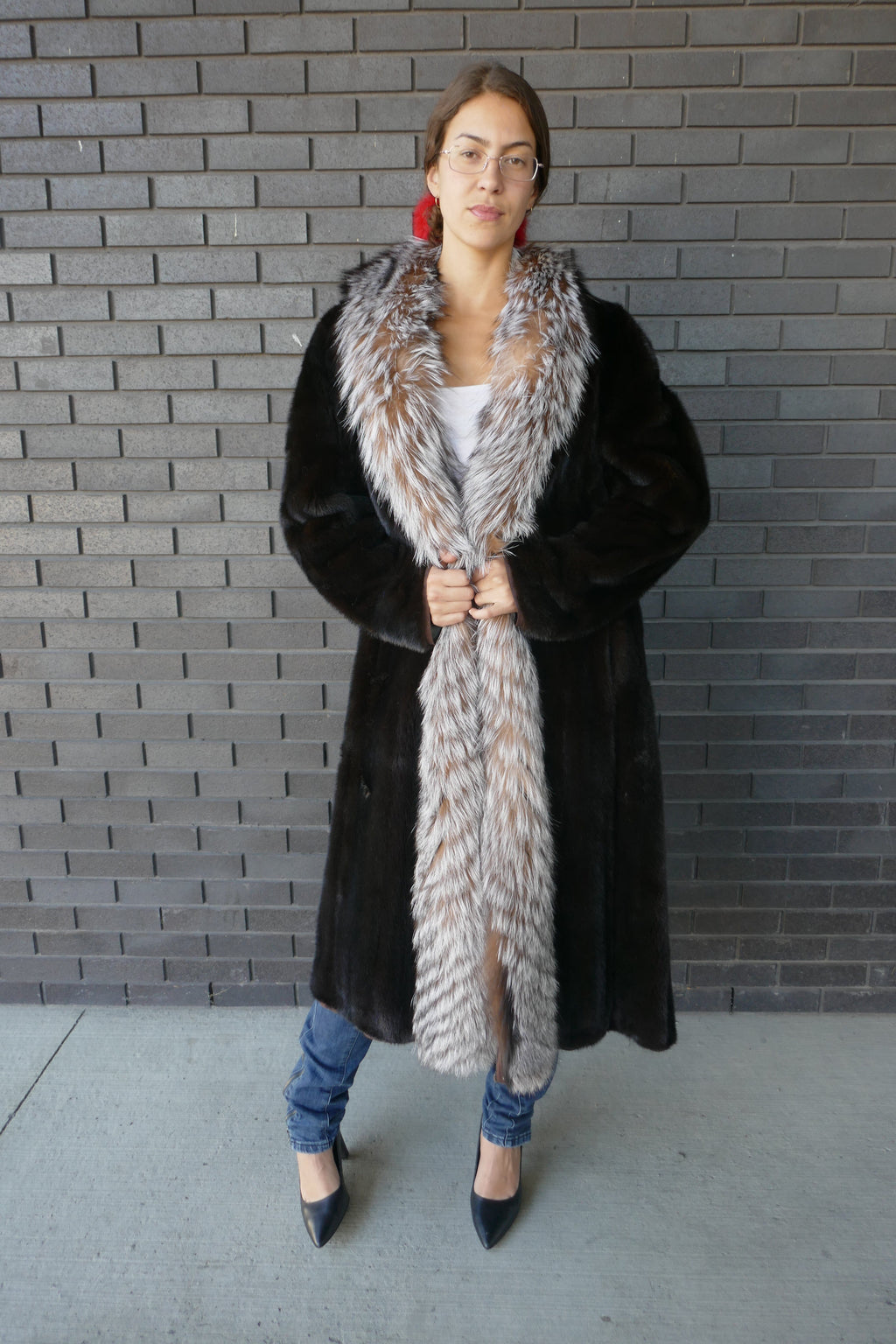 Black Mink With Crystal Saga Fox Trim Tuxedo Style Starlight Furs 