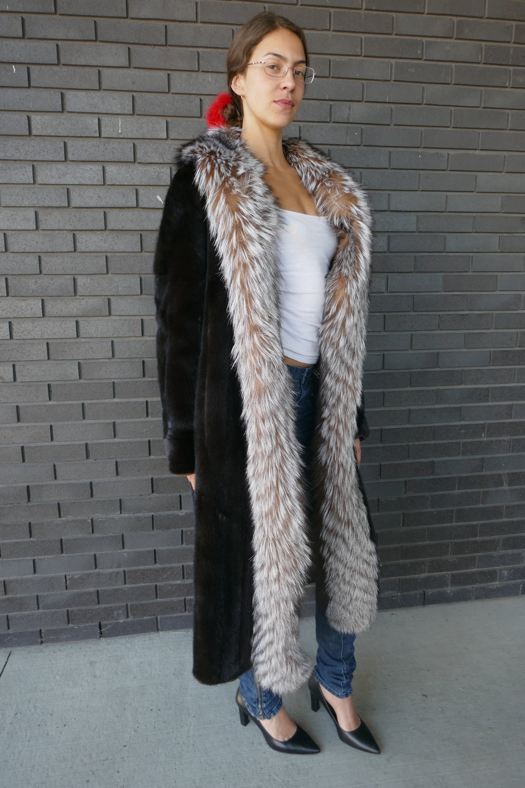 Black Mink With Crystal Saga Fox Trim Tuxedo Style Starlight Furs 