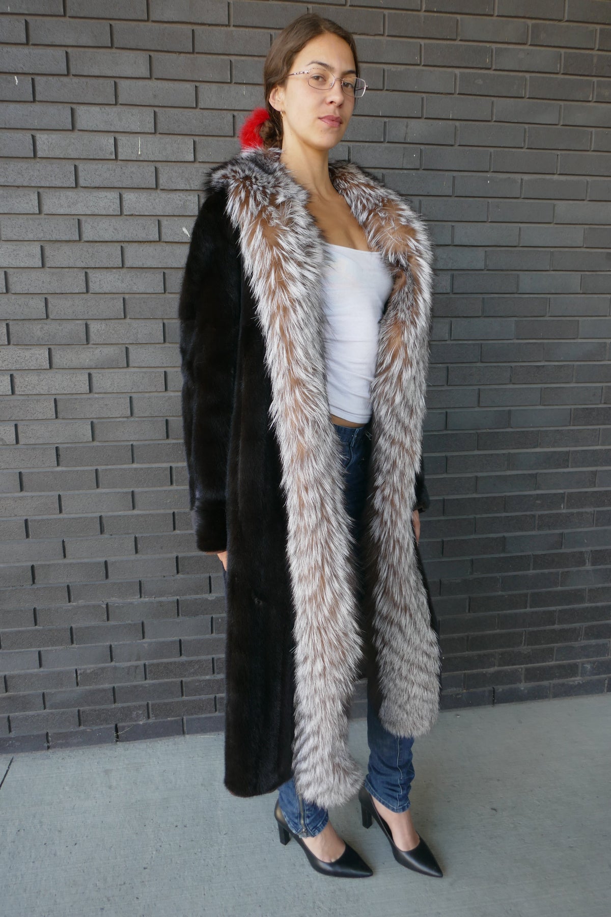 Black Mink With Crystal Saga Fox Trim Tuxedo Style Starlight Furs 