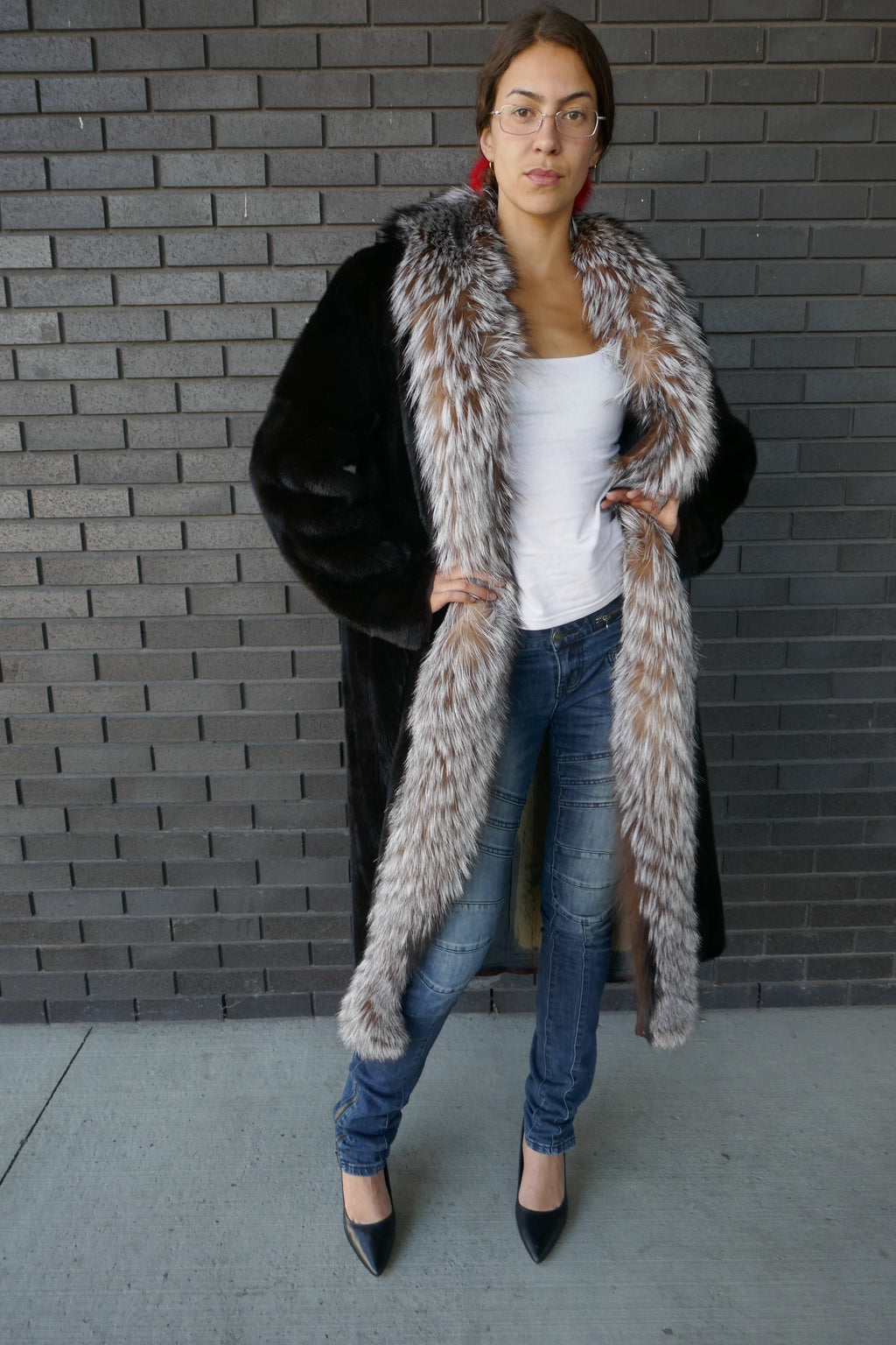 Black Mink With Crystal Saga Fox Trim Tuxedo Style Starlight Furs 