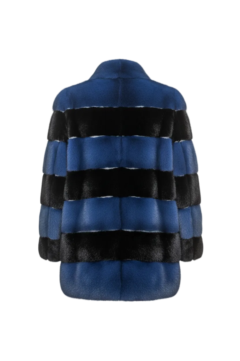 A striped fur jacket shown from the back, featuring alternating horizontal bands of deep blue and black, isolated on a transparent checkerboard background.