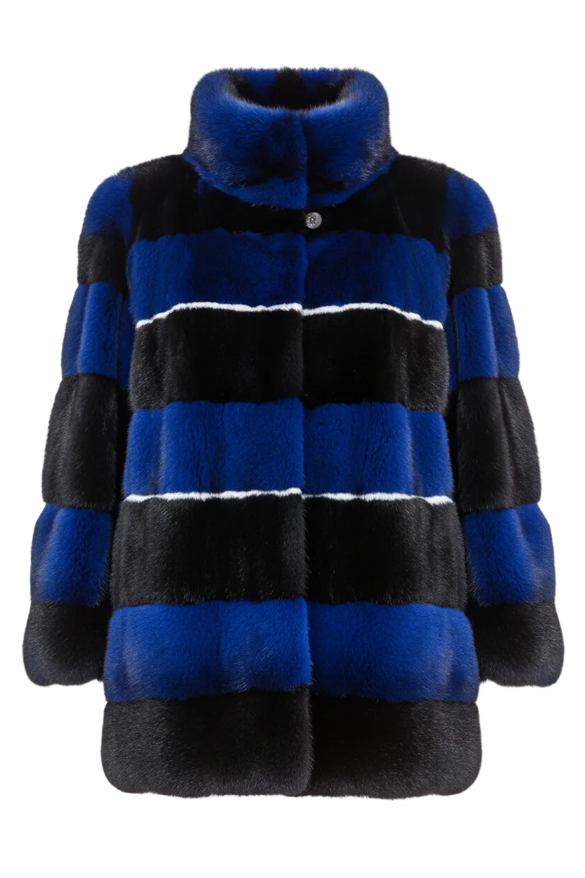 A striped fur jacket with alternating horizontal bands of royal blue, black, and white, featuring a high collar and a single button closure at the neckline.