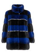A striped fur jacket with alternating horizontal bands of royal blue, black, and white, featuring a high collar and a single button closure at the neckline.