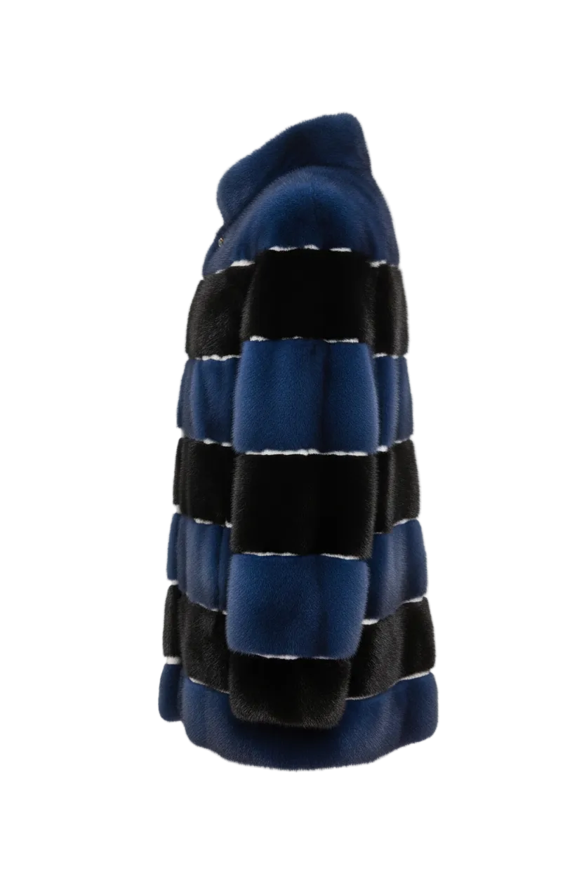 A striped fur coat in alternating horizontal bands of deep blue and black, shown from a side profile view against a checkered transparency background.