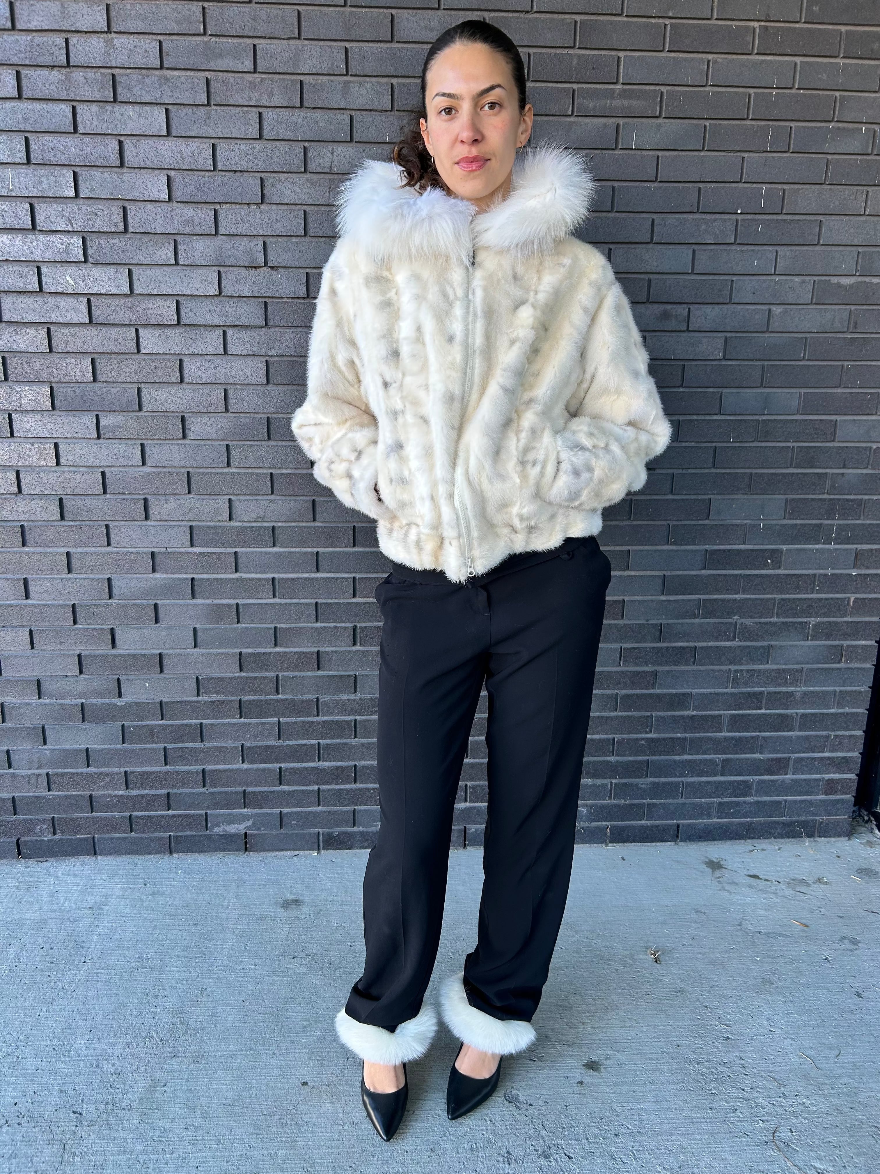 Bomber Jacket Cream Mink With White Fox Trim Starlight Furs Starlight Furs 