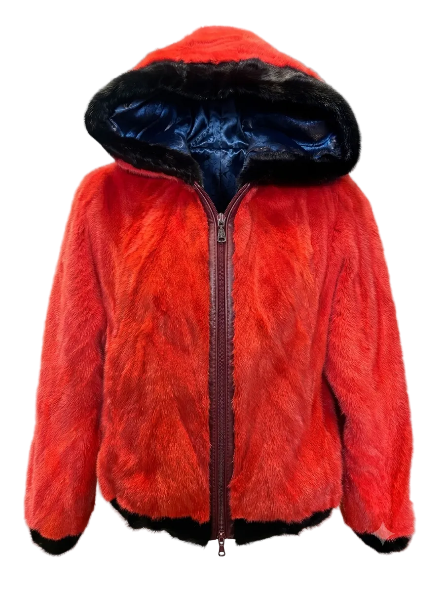 A bright red real fur hooded jacket with a dark navy blue lining inside the hood and black trim at the cuffs and hem, shown on a checkered background.