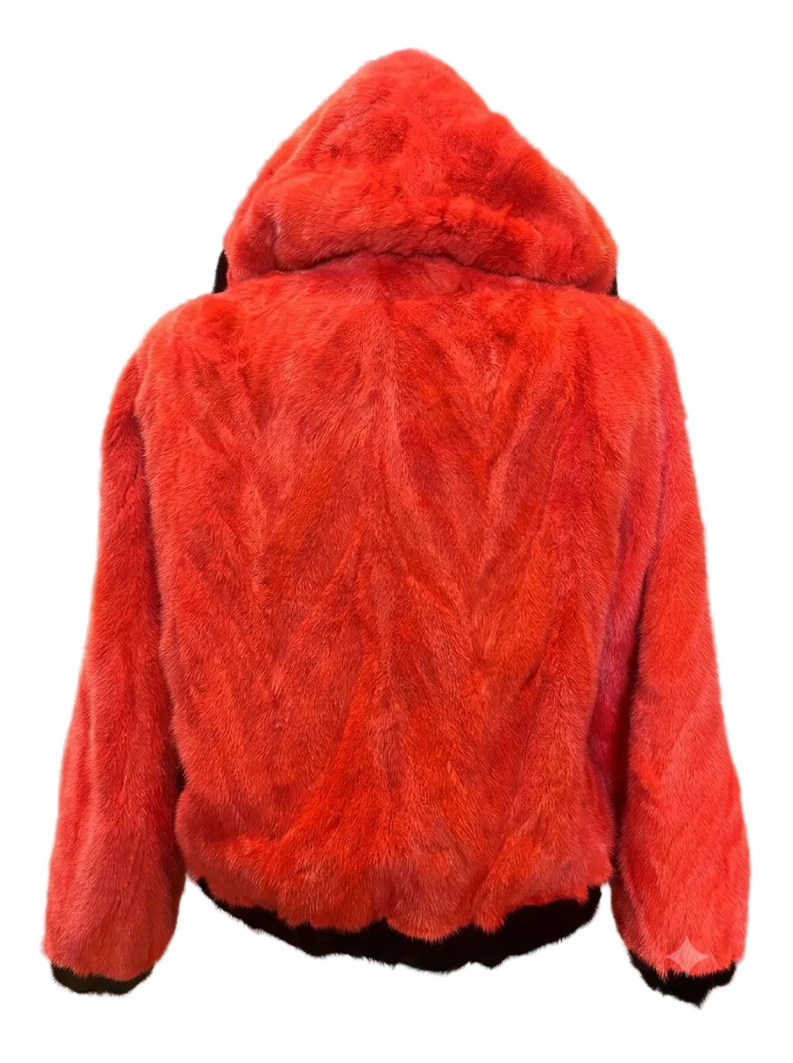 A bright red real fur hooded jacket shown from the back, featuring a textured chevron pattern and long sleeves, isolated on a checkered transparency background.