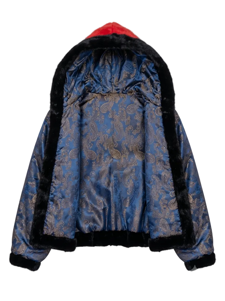 A blue patterned jacket with black mink fur trim and a red hood, shown from the back on a checkered background.