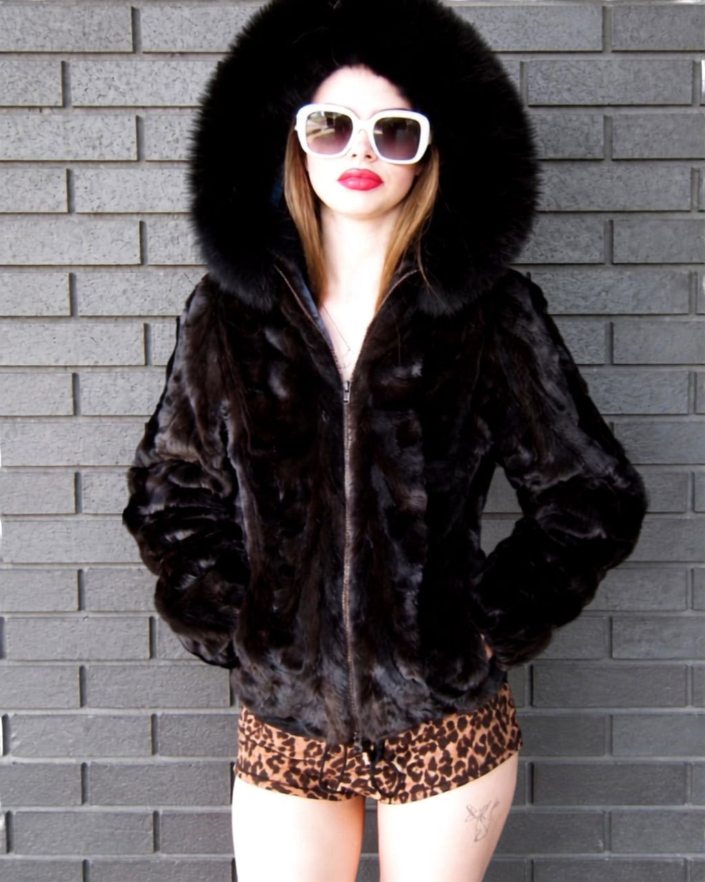 Brown Mink Short Parka with Fox Trim Hood Fur Coat Starlight Furs 